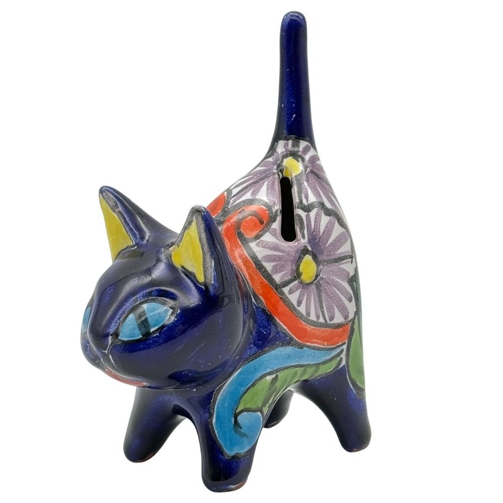 Talavera Mexican Folk Art Ceramic Kitty Cat Coin Bank Ring Holder Pottery 6"